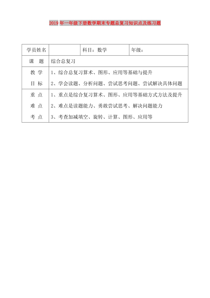 2019年一年级下册数学期末专题总复习知识点及练习题.doc_第1页