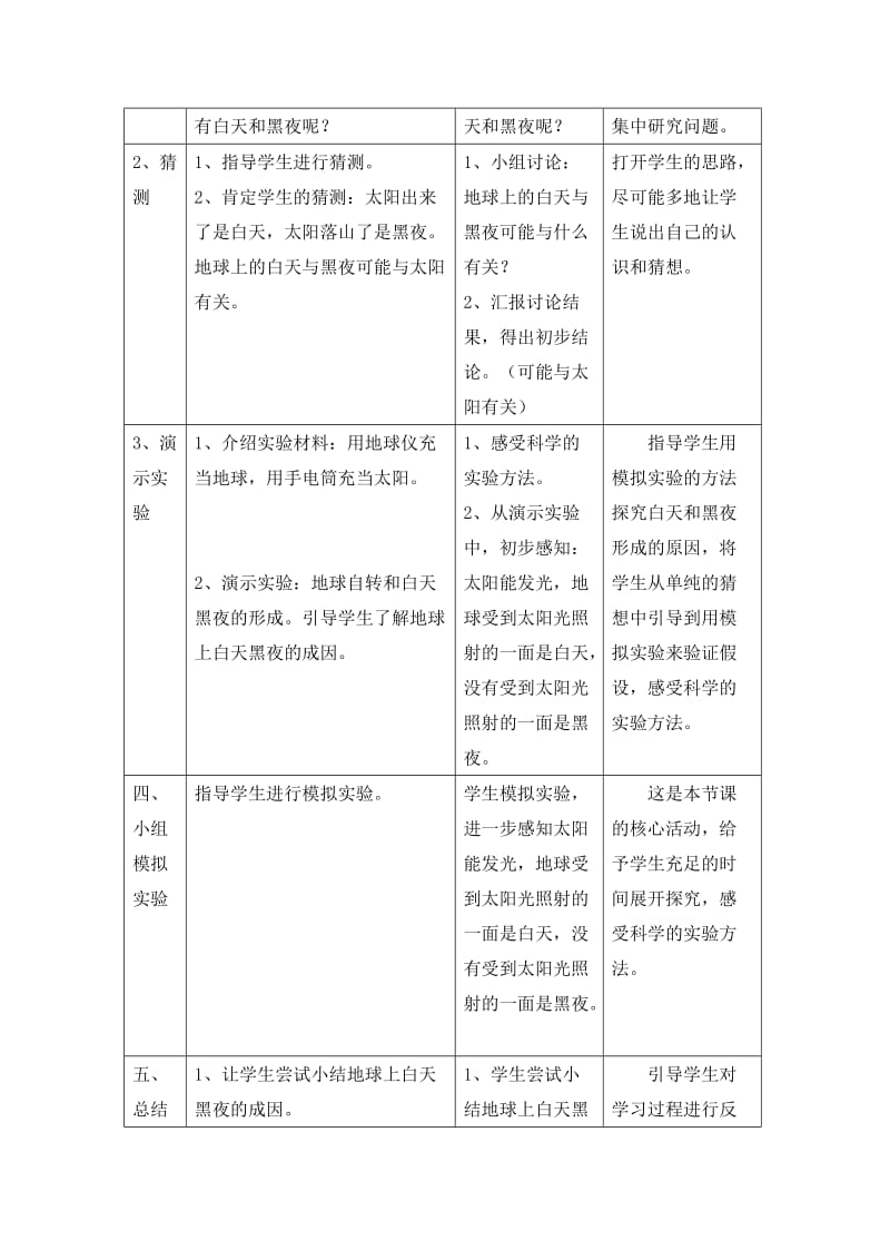 2019-2020年教科版小学科学一年级下册《白天、黑夜与太阳》表格式教学设计附反思.doc_第3页