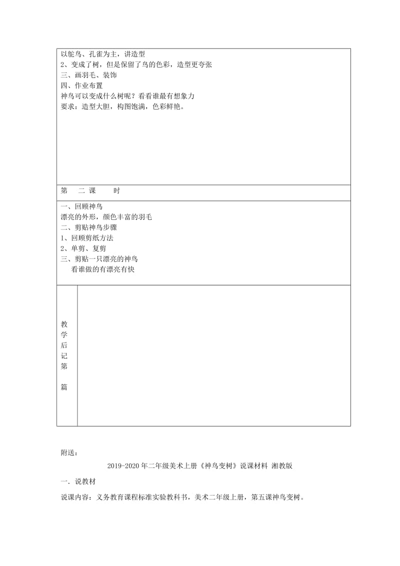 2019-2020年二年级美术上册《神鸟变树》表格式教案 湘教版.doc_第2页