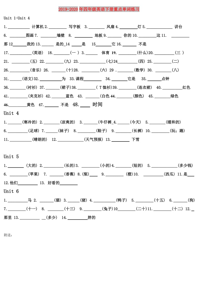 2019-2020年四年级英语下册重点单词练习.doc_第1页