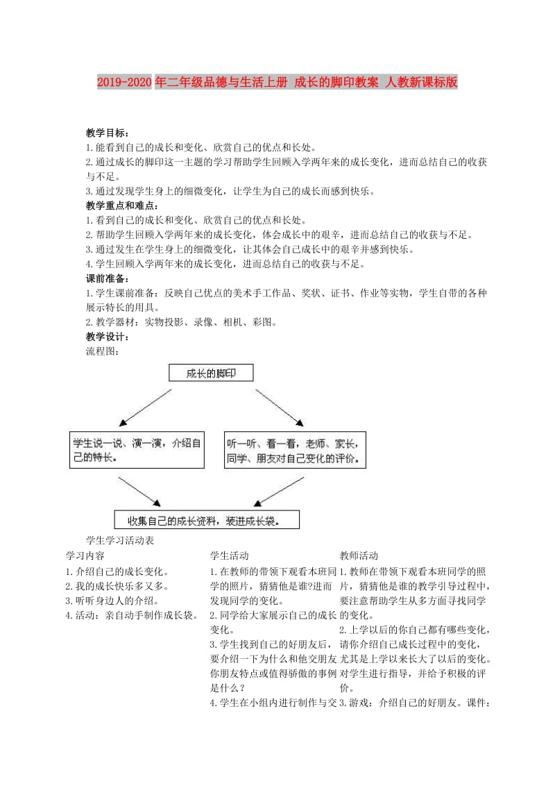 2019-2020年二年级品德与生活上册 成长的脚印教案 人教新课标版.doc_第1页