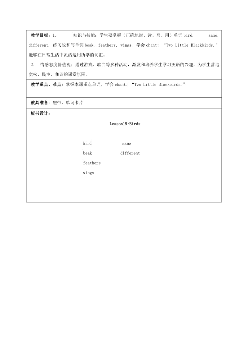 2019-2020年四年级英语上册 Unit 3 Lesson 19Birds教案 冀教版.doc_第3页