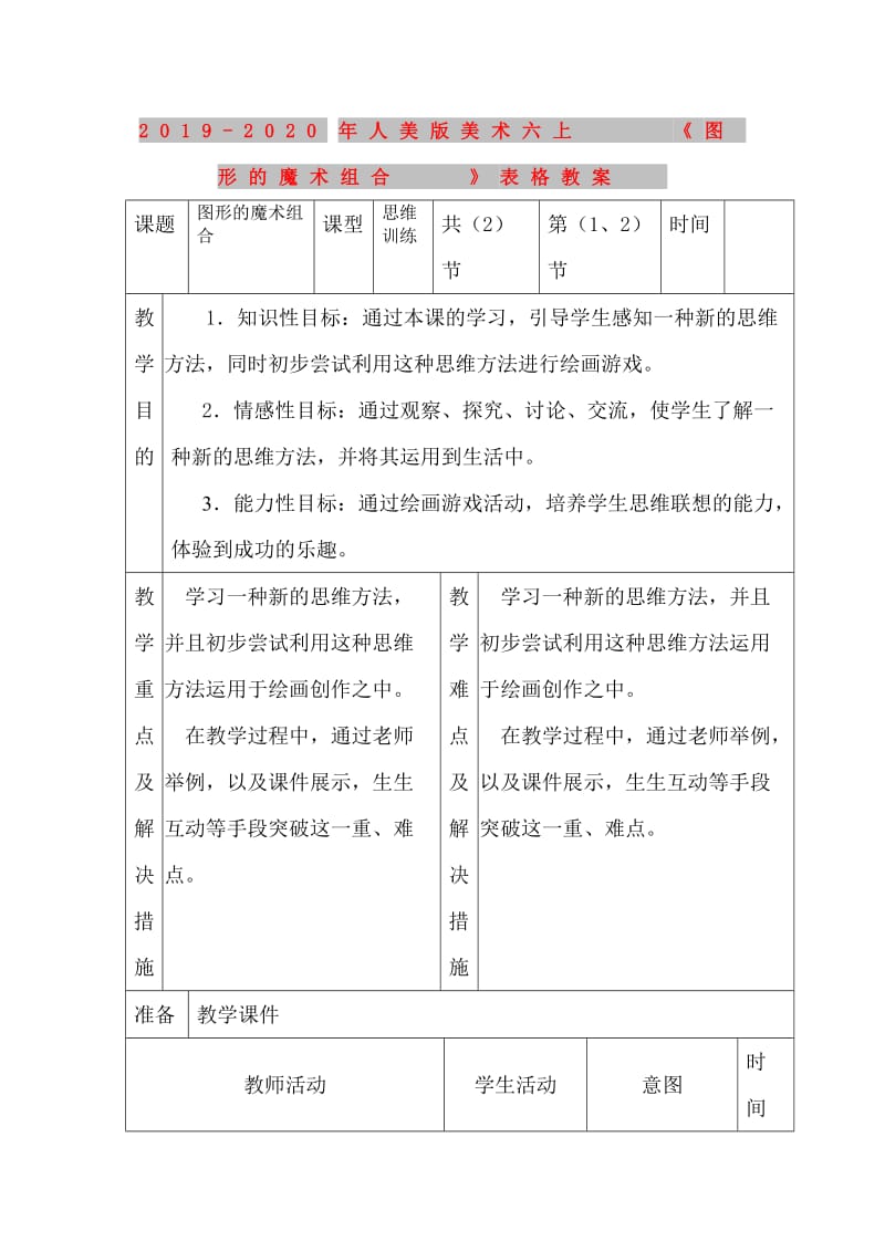 2019-2020年人美版美术六上《图形的魔术组合》表格教案.doc_第1页