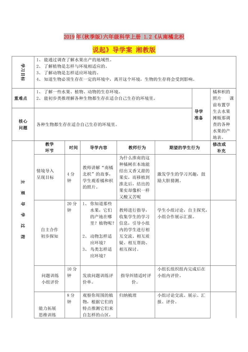 2019年(秋季版)六年级科学上册 1.2《从南橘北枳说起》导学案 湘教版.doc_第1页