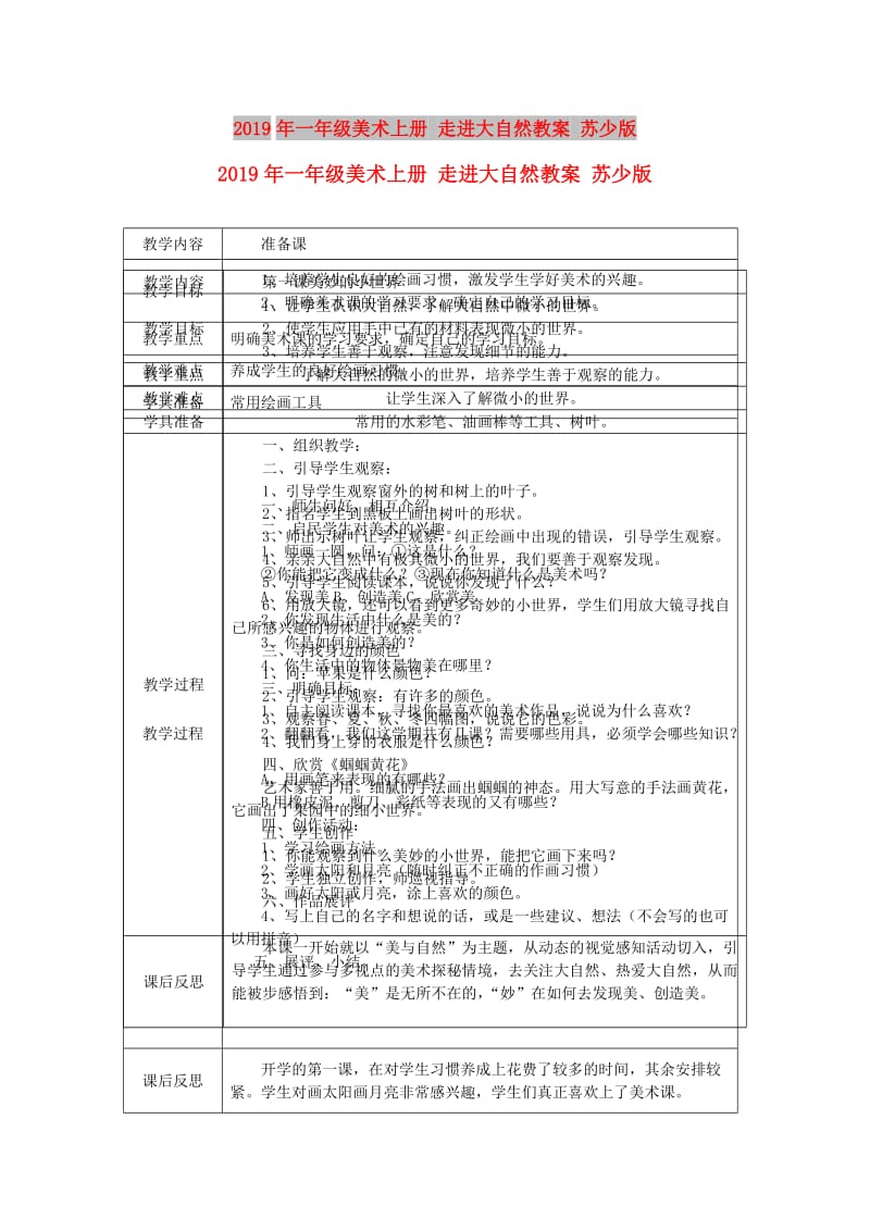 2019年一年级美术上册 走进大自然教案 苏少版.doc_第1页