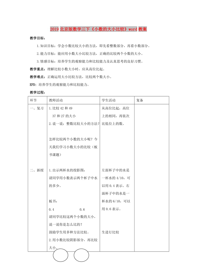 2019北京版数学三下《小数的大小比较》word教案.doc_第1页