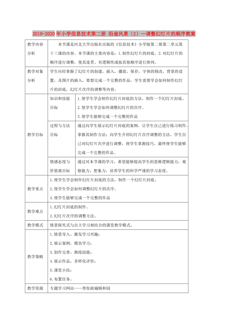 2019-2020年小学信息技术第二册 沿途风景（2）—调整幻灯片的顺序教案.doc_第1页