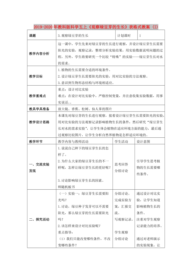 2019-2020年教科版科学五上《观察绿豆芽的生长》表格式教案 (I).doc_第1页