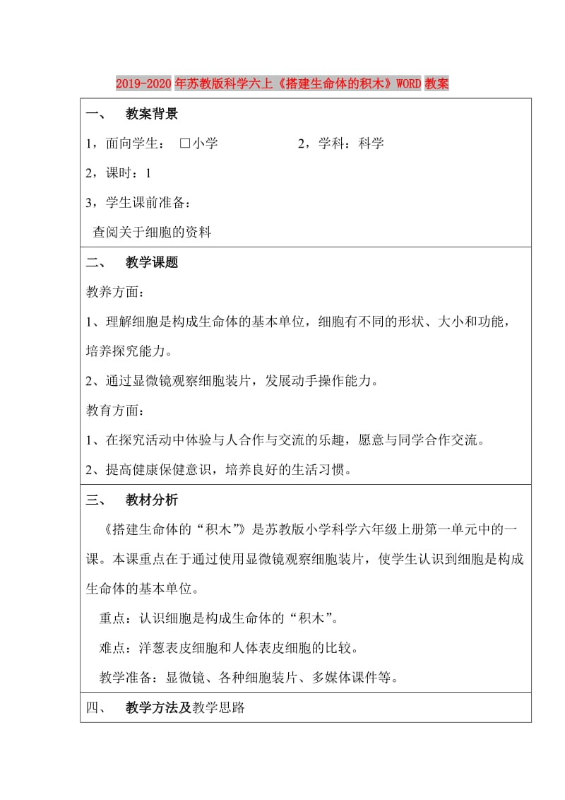 2019-2020年苏教版科学六上《搭建生命体的积木》WORD教案.doc_第1页