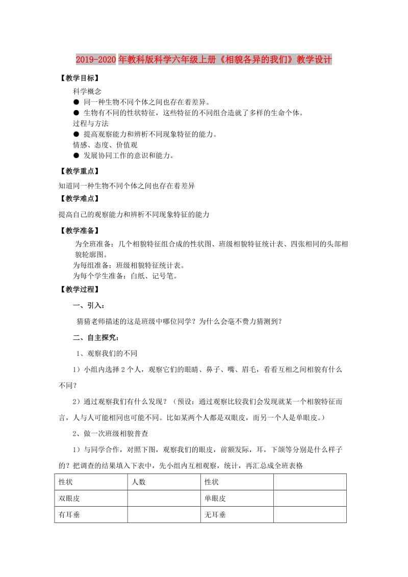 2019-2020年教科版科学六年级上册《相貌各异的我们》教学设计.doc_第1页