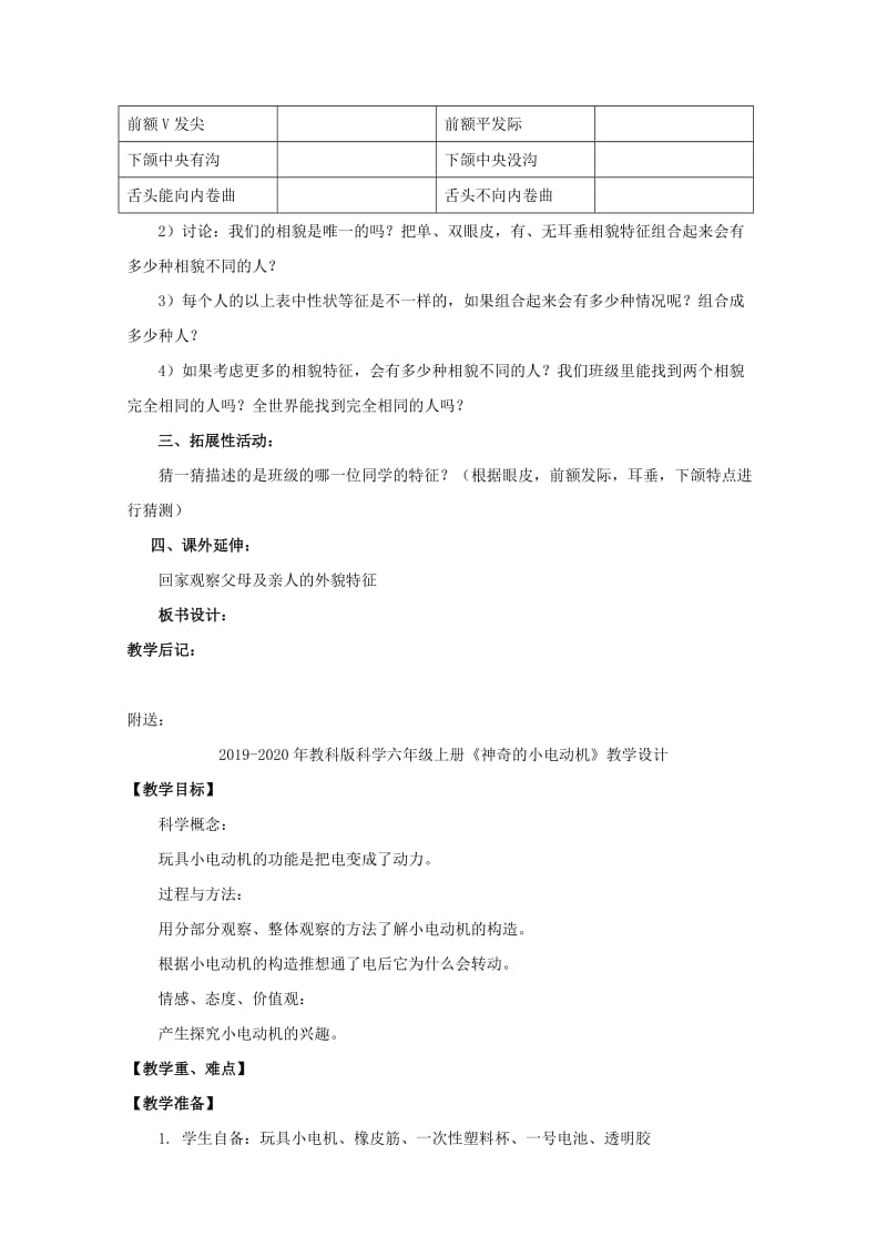 2019-2020年教科版科学六年级上册《相貌各异的我们》教学设计.doc_第2页