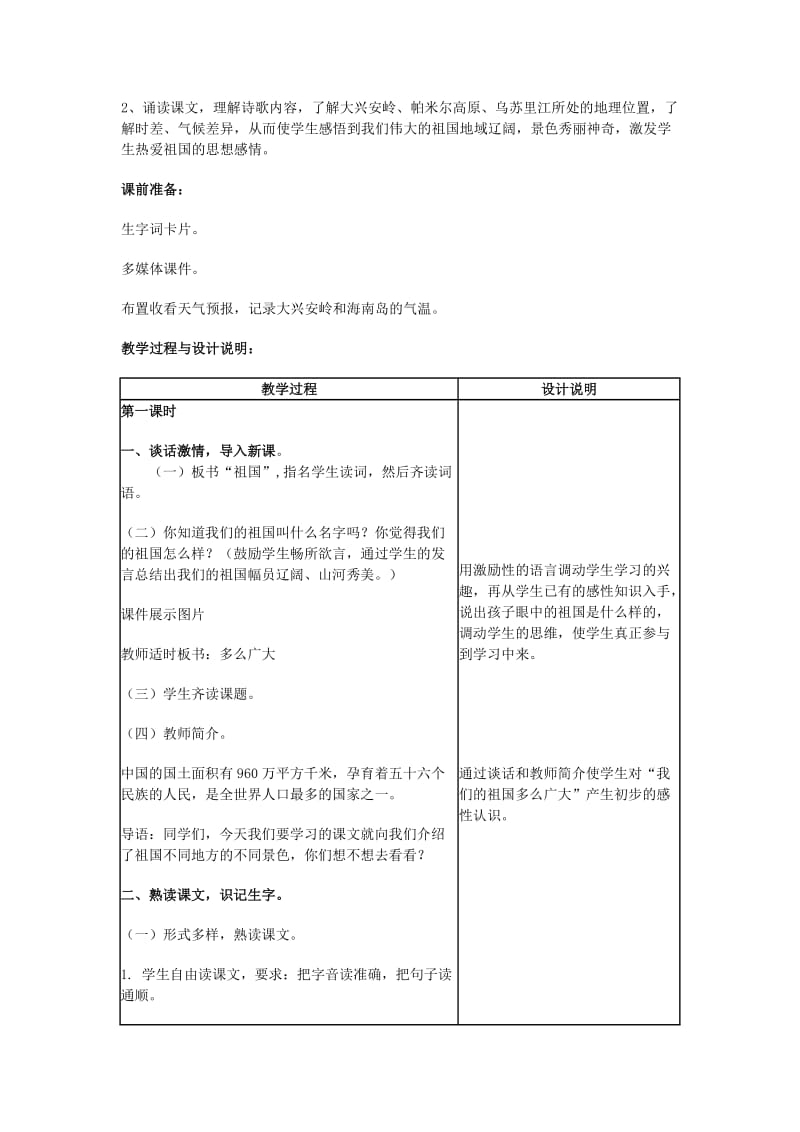 2019年(春)一年级语文下册《祖国多么广大》教案 冀教版.doc_第2页