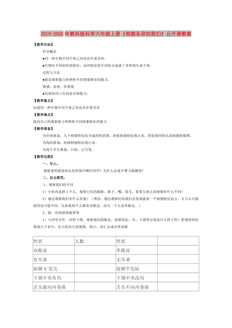 2019-2020年教科版科学六年级上册《相貌各异的我们》公开课教案.doc_第1页