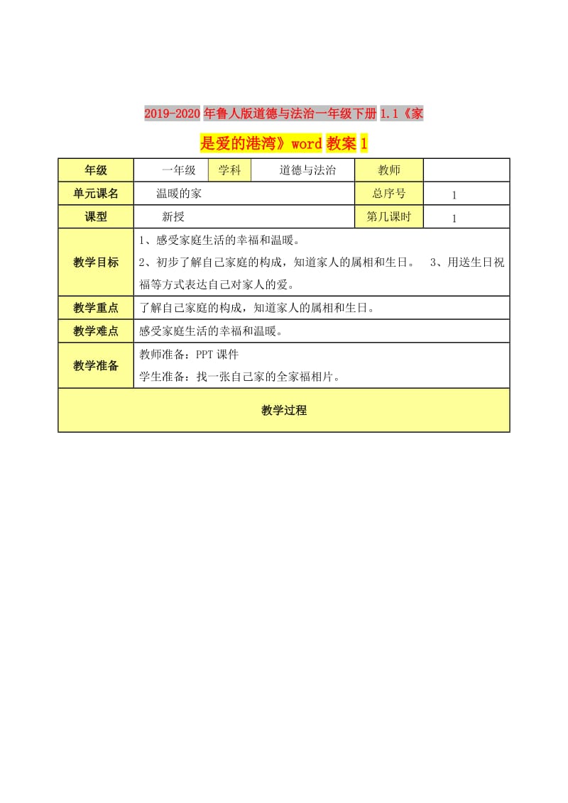 2019-2020年鲁人版道德与法治一年级下册1.1《家是爱的港湾》word教案1.doc_第1页