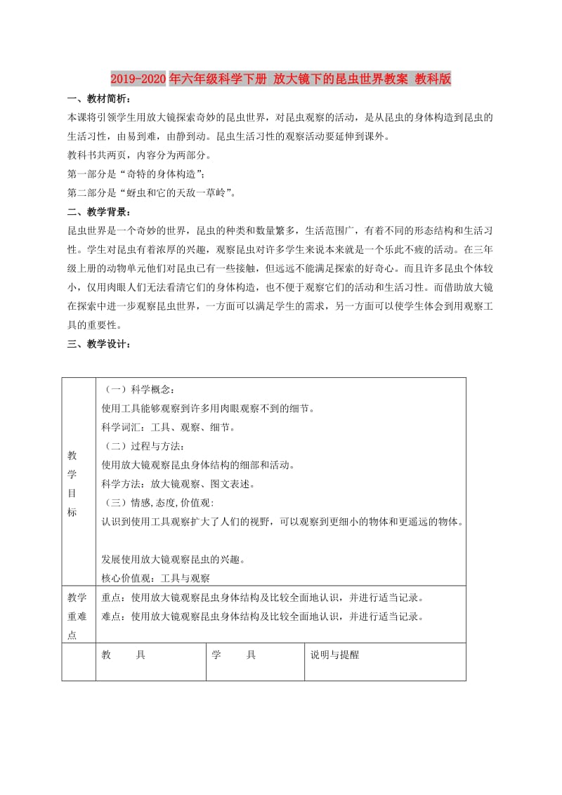 2019-2020年六年级科学下册 放大镜下的昆虫世界教案 教科版.doc_第1页