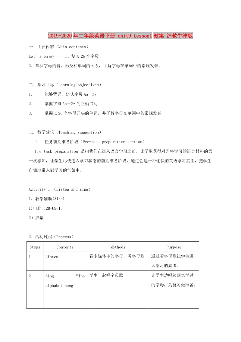 2019-2020年二年级英语下册 unit9 Lesson1教案 沪教牛津版.doc_第1页