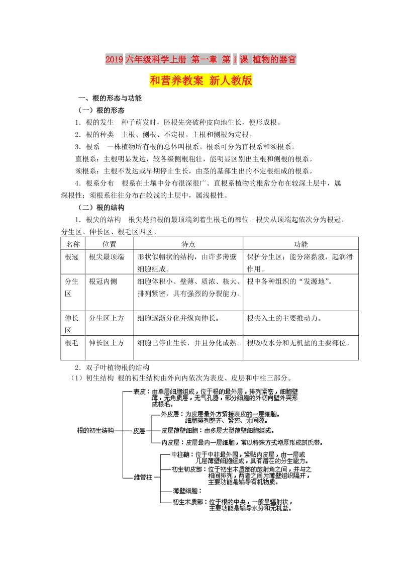 2019六年级科学上册 第一章 第1课 植物的器官和营养教案 新人教版.doc_第1页