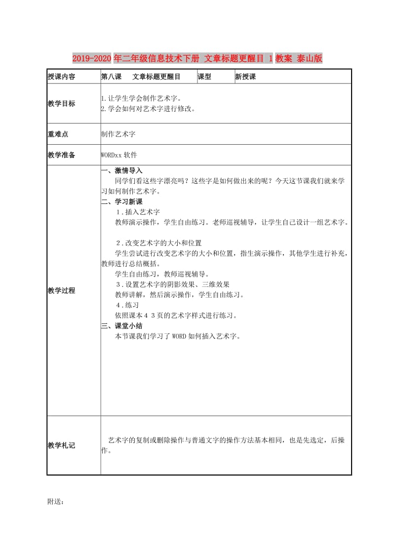 2019-2020年二年级信息技术下册 文章标题更醒目 1教案 泰山版.doc_第1页