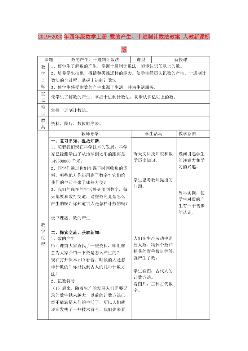 2019-2020年四年级数学上册 数的产生、十进制计数法教案 人教新课标版.doc_第1页