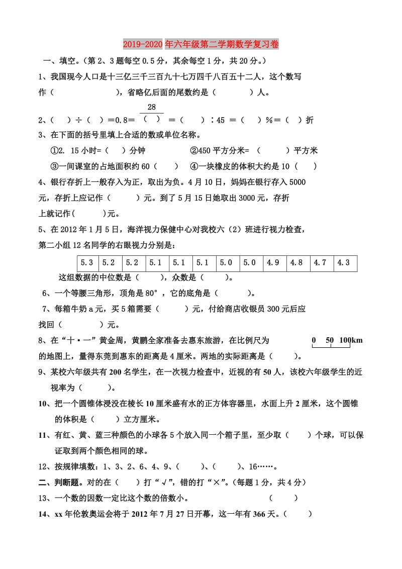 2019-2020年六年级第二学期数学复习卷.doc_第1页