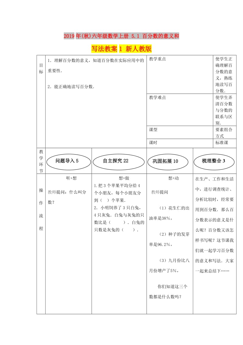 2019年(秋)六年级数学上册 5.1 百分数的意义和写法教案1 新人教版.doc_第1页