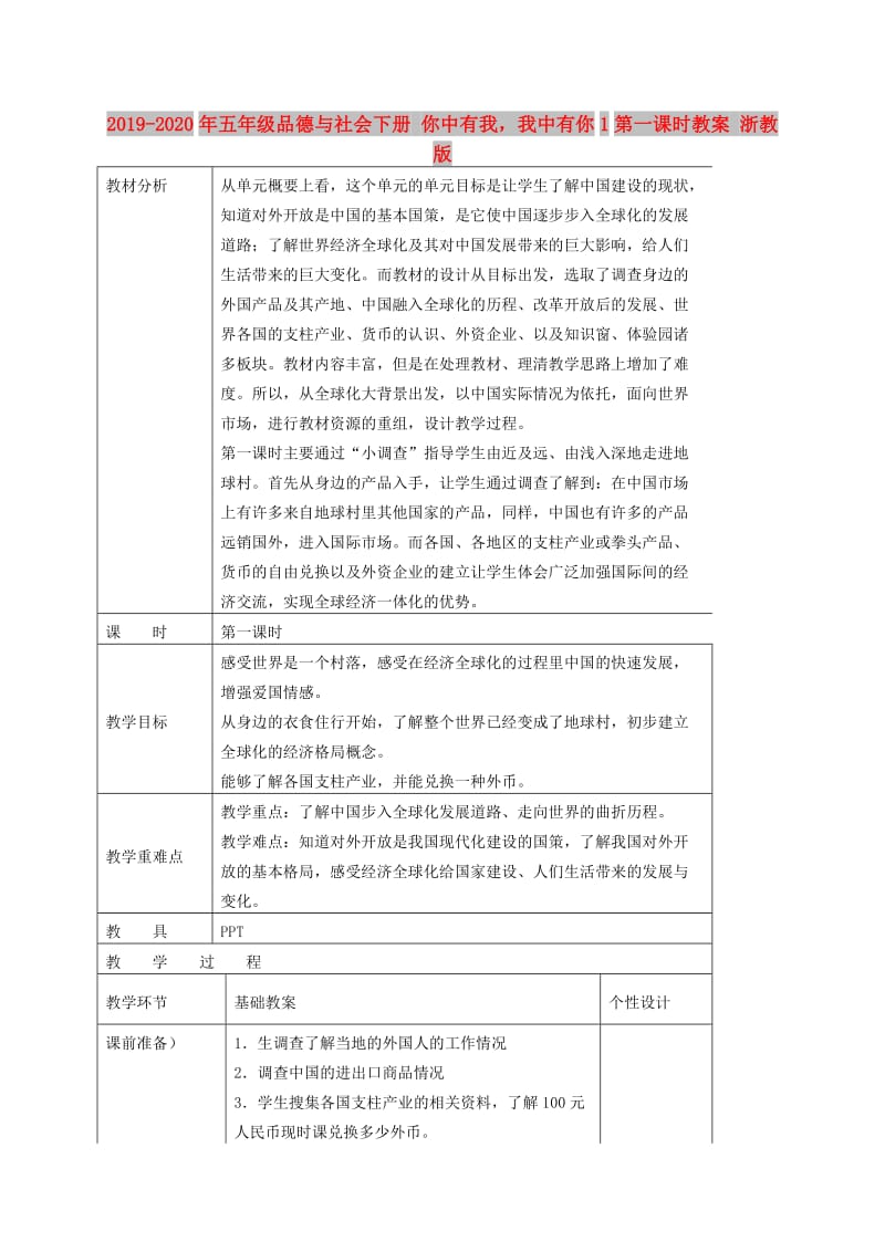 2019-2020年五年级品德与社会下册 你中有我我中有你1第一课时教案 浙教版.doc_第1页