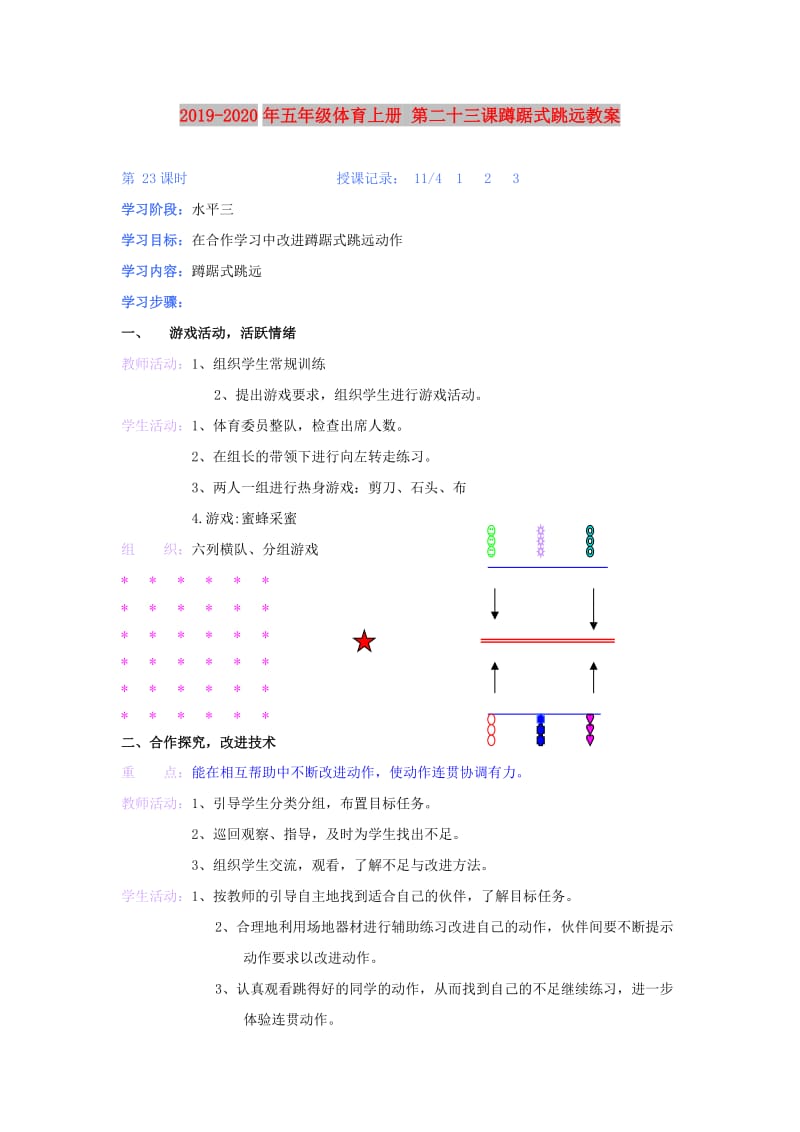 2019-2020年五年级体育上册 第二十三课蹲踞式跳远教案.doc_第1页