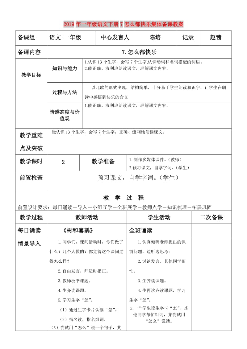 2019年一年级语文下册7怎么都快乐集体备课教案.doc_第1页