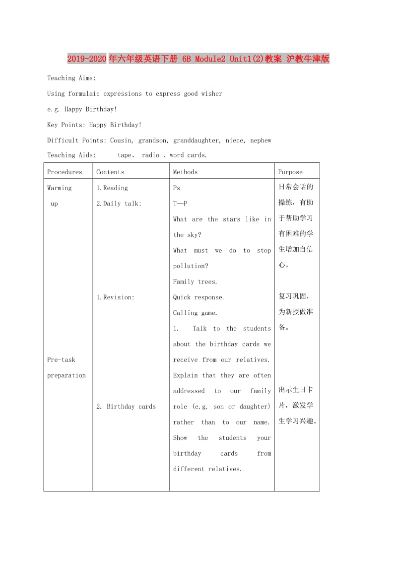 2019-2020年六年级英语下册 6B Module2 Unit1(2)教案 沪教牛津版.doc_第1页