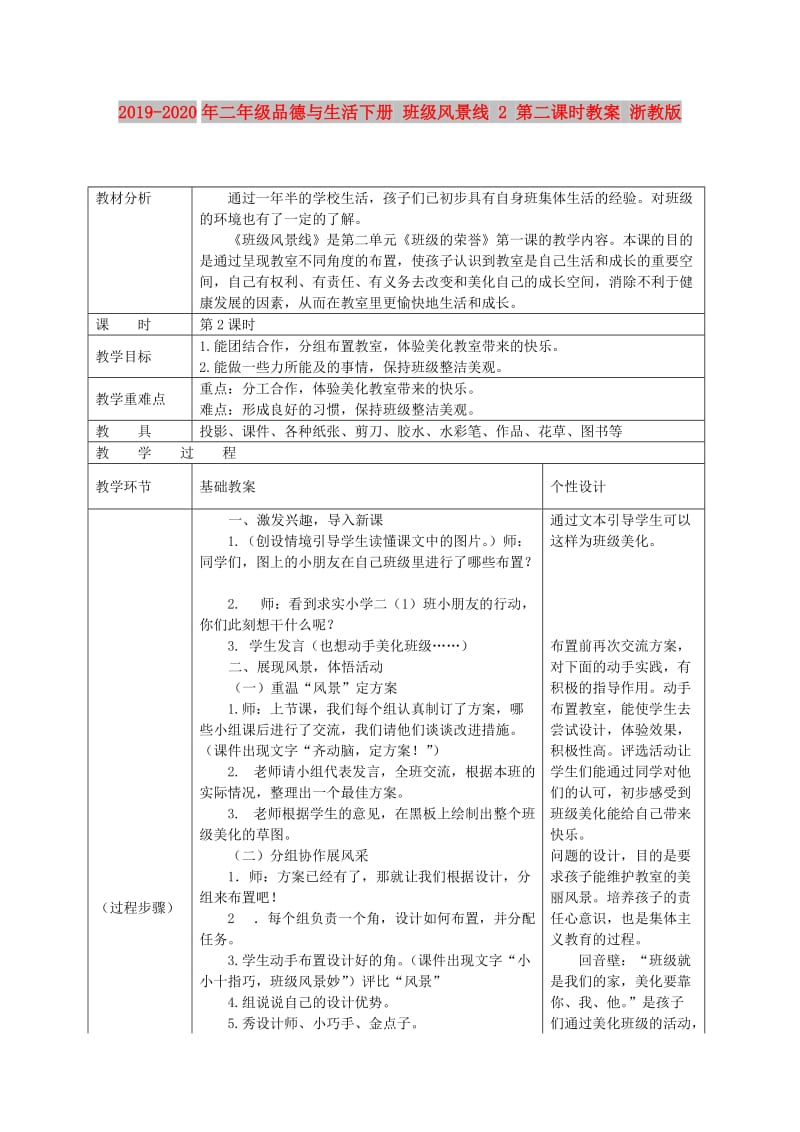 2019-2020年二年级品德与生活下册 班级风景线 2 第二课时教案 浙教版.doc_第1页