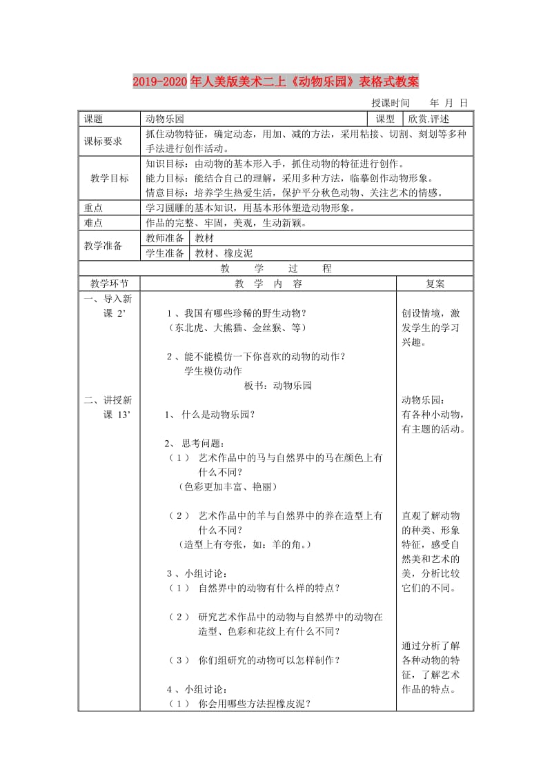 2019-2020年人美版美术二上《动物乐园》表格式教案.doc_第1页