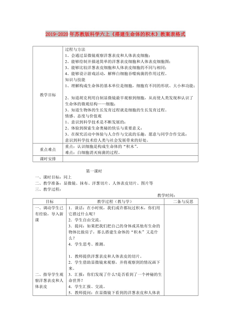 2019-2020年苏教版科学六上《搭建生命体的积木》教案表格式.doc_第1页