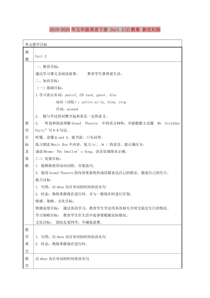 2019-2020年五年级英语下册 Unit 2(2)教案 新世纪版.doc_第1页