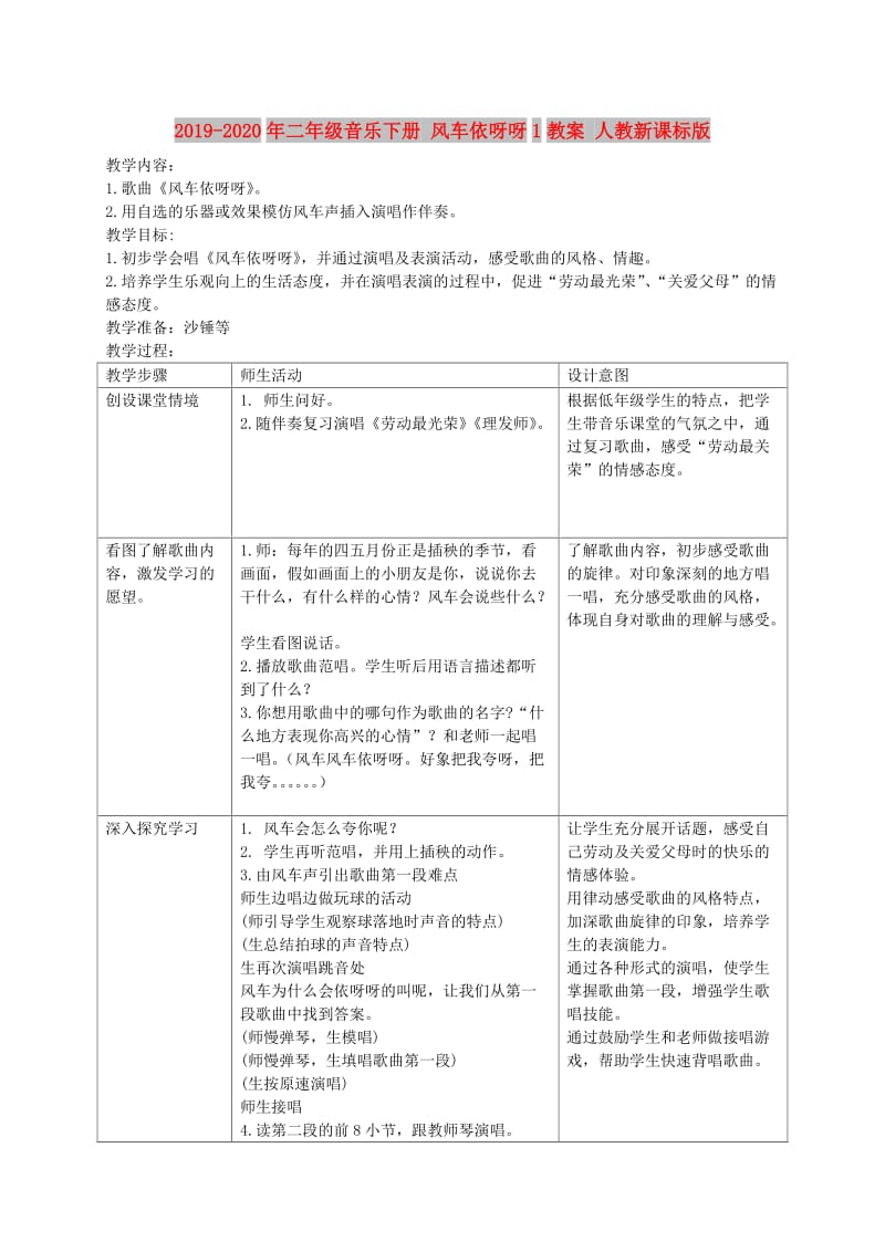 2019-2020年二年级音乐下册 风车依呀呀1教案 人教新课标版.doc_第1页