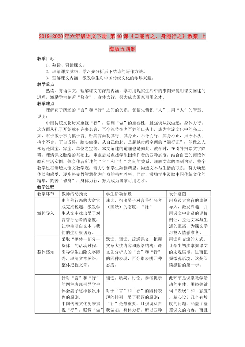 2019-2020年六年级语文下册 第40课《口能言之身能行之》教案 上海版五四制.doc_第1页