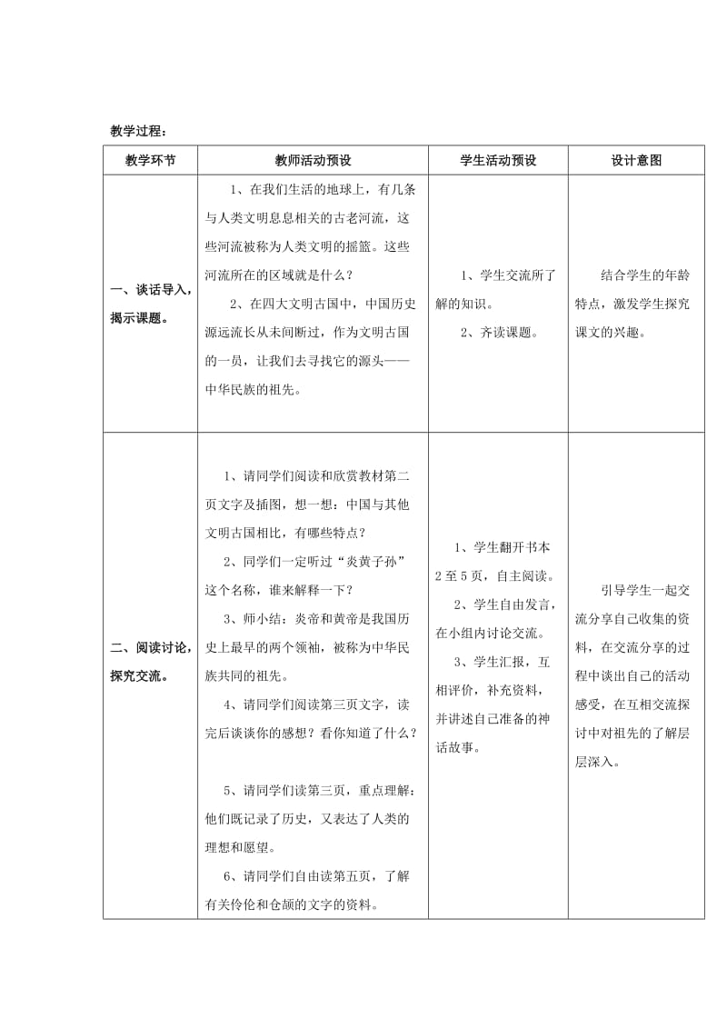 2019-2020年北师大版小学品德与社会五年级上册《我们共同的祖先》表格式教学设计.doc_第2页