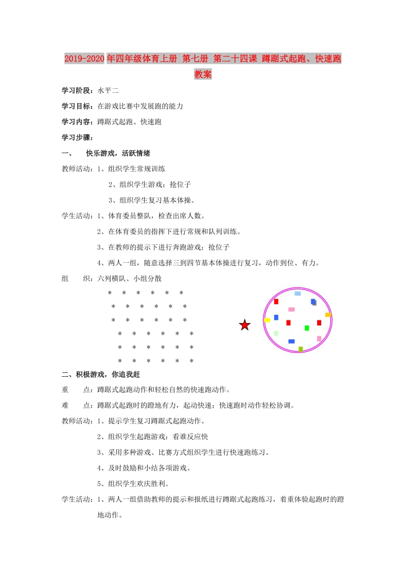 2019-2020年四年级体育上册 第七册 第二十四课 蹲踞式起跑、快速跑教案.doc_第1页