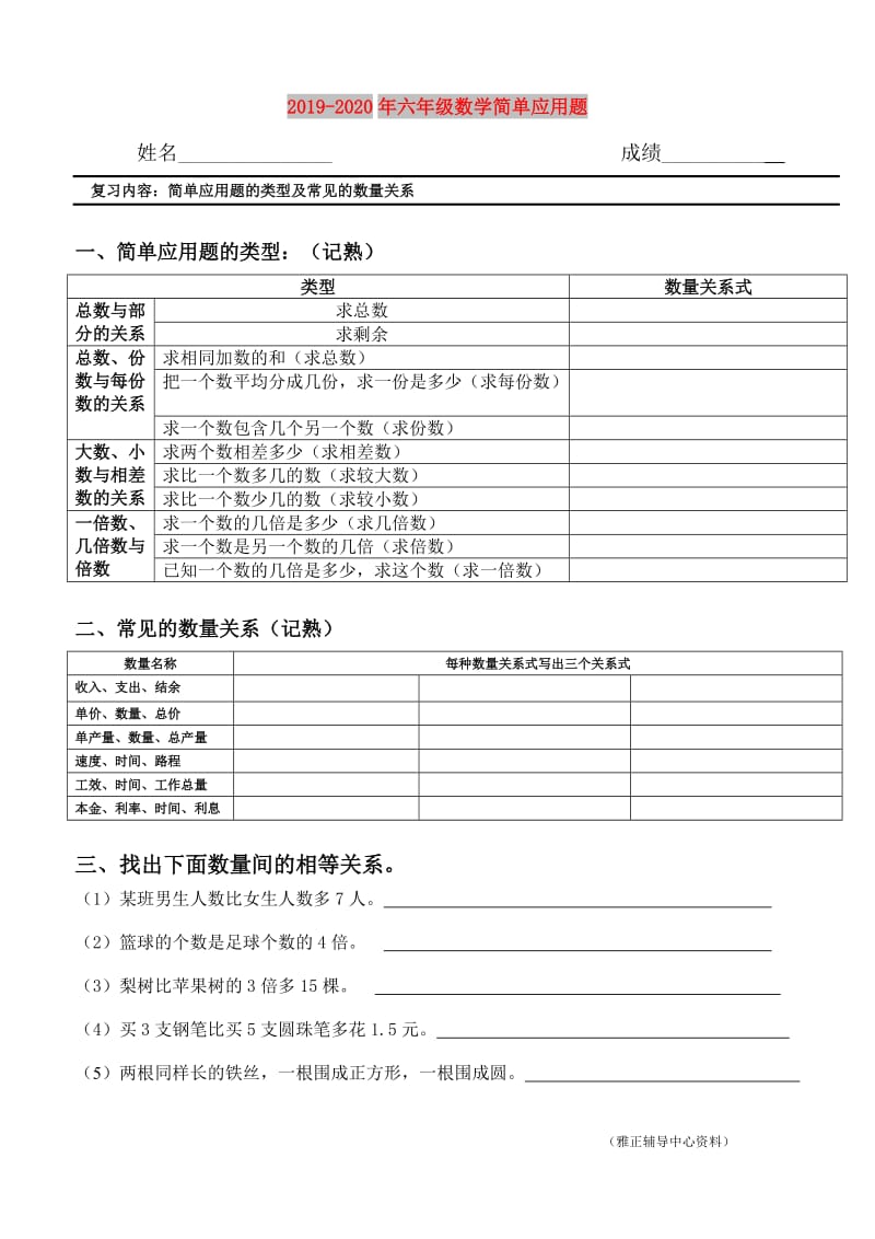 2019-2020年六年级数学简单应用题.doc_第1页