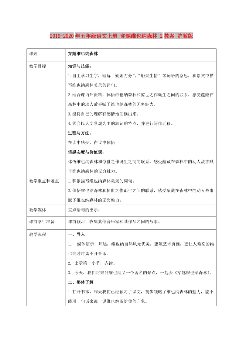 2019-2020年五年级语文上册 穿越维也纳森林 2教案 沪教版.doc_第1页