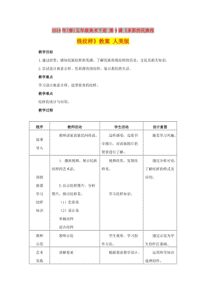 2019年(春)五年級(jí)美術(shù)下冊 第9課《多彩的民族傳統(tǒng)紋樣》教案 人美版.doc