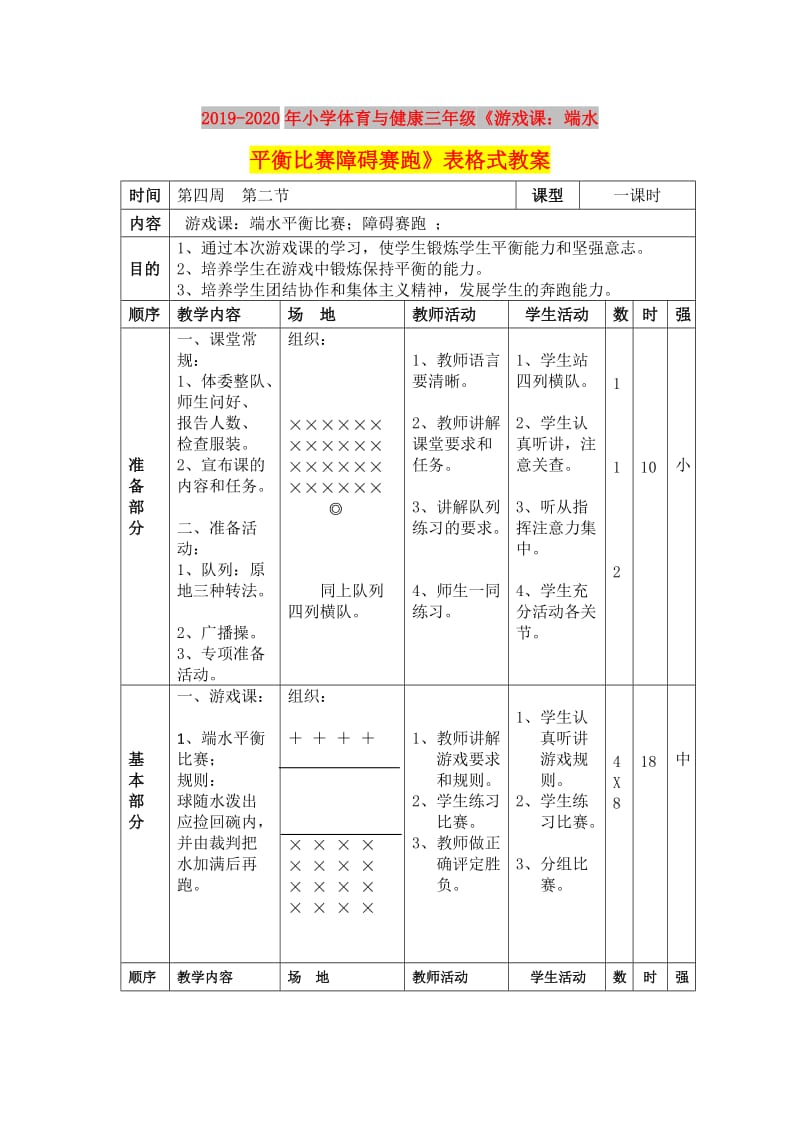 2019-2020年小学体育与健康三年级《游戏课：端水平衡比赛障碍赛跑》表格式教案.doc_第1页