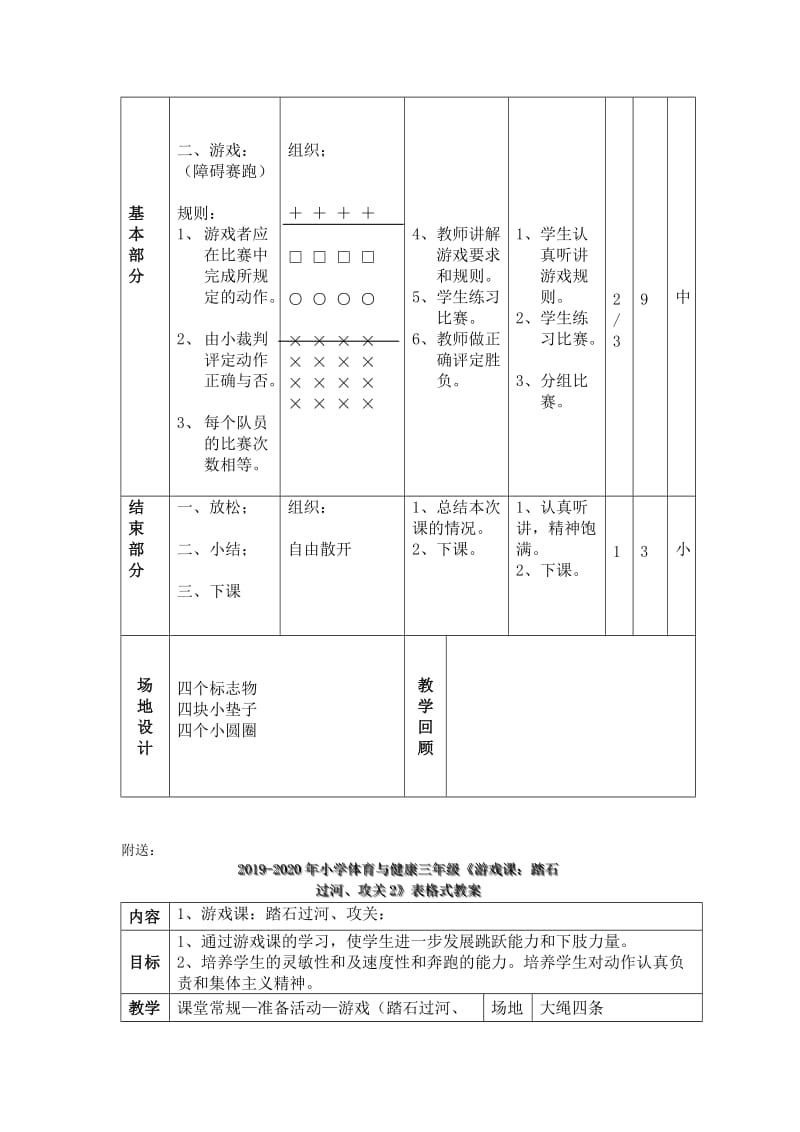 2019-2020年小学体育与健康三年级《游戏课：端水平衡比赛障碍赛跑》表格式教案.doc_第2页