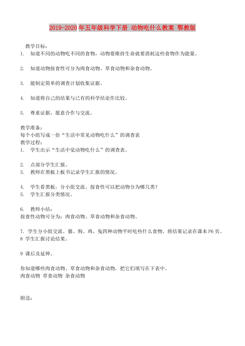 2019-2020年五年级科学下册 动物吃什么教案 鄂教版.doc_第1页