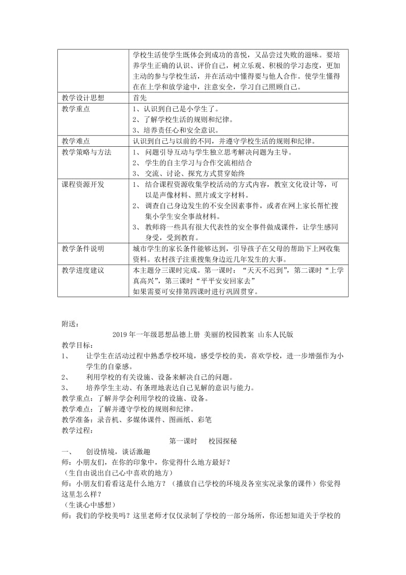 2019年一年级思想品德上册 我是一名小学生表格教案 山东人民版.doc_第2页