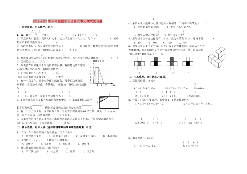 2019-2020年六年级数学下册第六单元期末复习题.doc_第1页