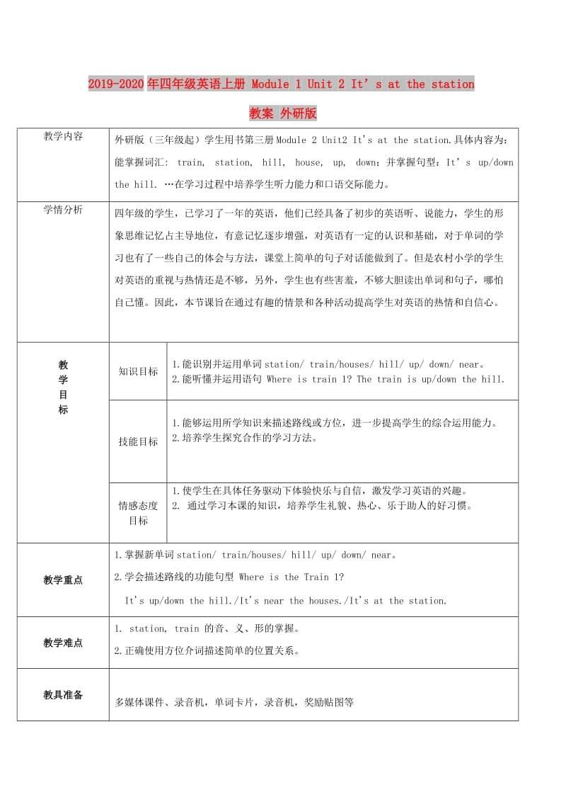 2019-2020年四年级英语上册 Module 1 Unit 2 It’s at the station教案 外研版.doc_第1页