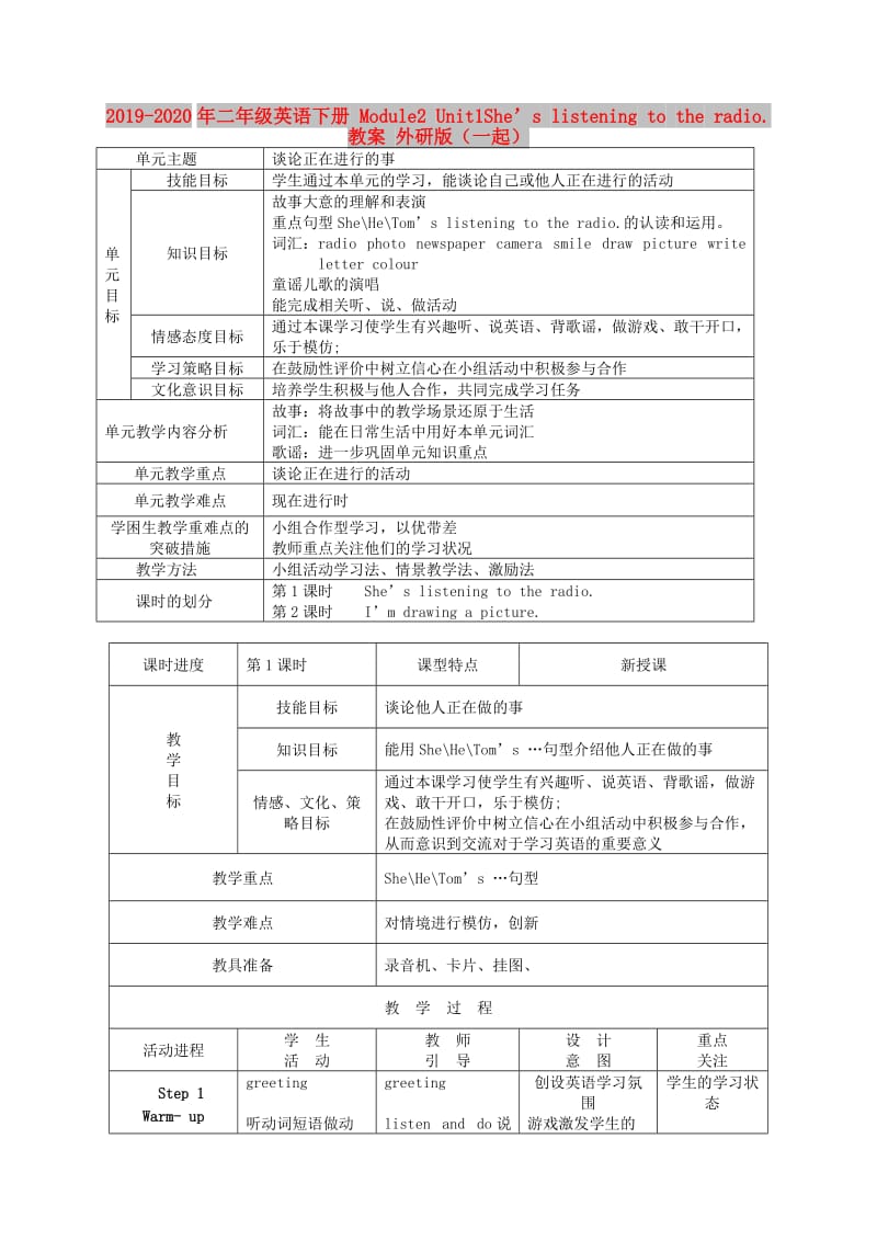 2019-2020年二年级英语下册 Module2 Unit1She’s listening to the radio.教案 外研版（一起）.doc_第1页