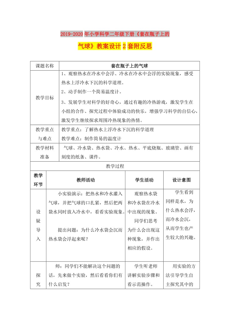 2019-2020年小学科学二年级下册《套在瓶子上的气球》教案设计2套附反思.doc_第1页