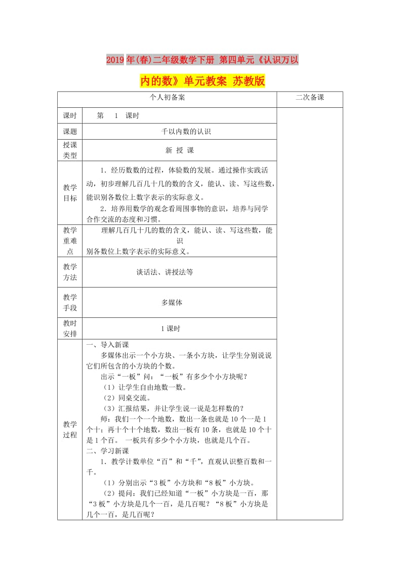 2019年(春)二年级数学下册 第四单元《认识万以内的数》单元教案 苏教版.doc_第1页