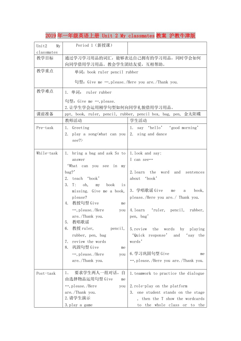 2019年一年级英语上册 Unit 2 My classmates教案 沪教牛津版.doc_第1页